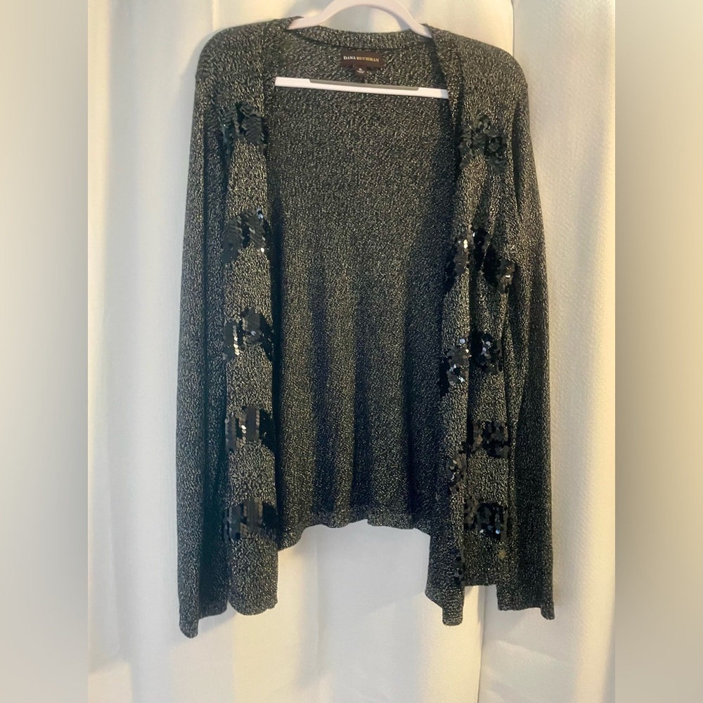 Women's Black and Gray metallic sequins open cardigan sweater size XL